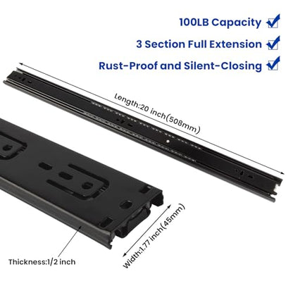 LONTAN Full Extension Ball Bearing Drawer Slides 8 10 12 14 16 18 20 22 24 Inch Heavy Duty Side Mount File Cabinet Rails Dresser Runner Kitchen Cabinet Drawer Glides,20 Inch,1 Pair,Black - color: Black, size: 20 Inch - Drawer Slide