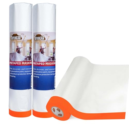 TAPEBEAR Pre-Taped Masking Film, 102" x 56Feet x 3Roll Plastic Sheeting Cover for Painting, Tape and Drape, Painters Masking Tape Film Plastic Drop Cloths for Auto, Appliance and Furniture - size: 102" x 56Feet x 3Roll