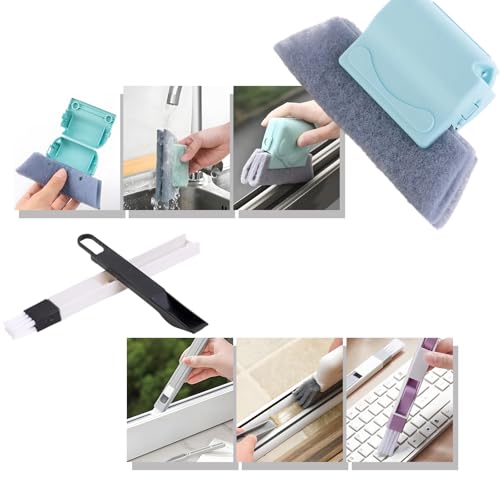 Magic Window Track Cleaning Tools Set, Window Sill Track Cleaner Tools, Clean Scraper, 3Pcs Cleaning Brush and 6Pcs Replacement Cloth, 2Pcs Clean Brush
