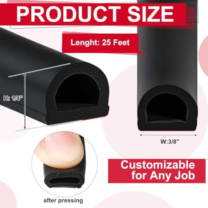 Pangda 25Ft D Shape Rubber Weather Stripping Foam Self-Adhesive EPDM Door Seal Strip for Noise Reduction Waterproof Dustproof for Cars Boats Truck RVs Windows Doors (3/8" W × 1/4" H) - size: 25ft L, style: 3/8" W × 1/4" H