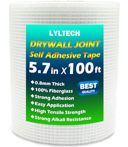 LYLTECH Drywall Joint Tape- 5.7in X 100 ft,13 MESH,100% Fiberglass,Heavy-Duty Self-Adhesive Wall Crack and Seam Patch