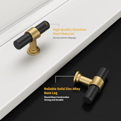 goldenwarm 10 Pack Black and Gold Cabinet Knobs Black Cabinet Knobs Gold Drawer Handles Kitchen Dresser Handles Modern T Bar Hardware for Cupboard Bedroom - color: Black&Gold, size: Knobs