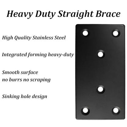 4PCS Black Stainless Steel Flat Mending Plates, 4" x 2" Straight Bracket Brace, Heavy Duty Metal Fixing Joining Plate for Furniture, Wood, Shelves, Fence - size: 4" x 2"