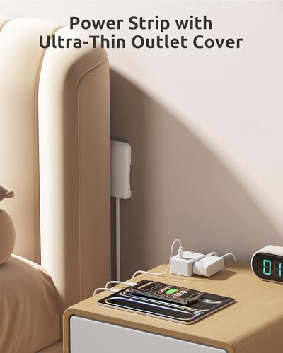 NUTICT 8FT Extension Cord with Ultra-Thin Outlet Cover, Flat Plug Power Strip with 3 Outlets & 3 USB-C & 1 USB-A Port, Wall Mountable, Hide Bulky and Messy Cords Behind Furniture Tight Spaces, White - size: 8FT