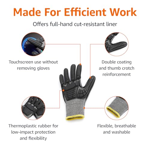Amazon Basics Impact Protection Work Gloves, Cut Level A2, ANSI Level 4 Abrasion, Touchscreen Compatible, Sandy Nitrile Palm, Small, Black with Yellow Edge - size: Small