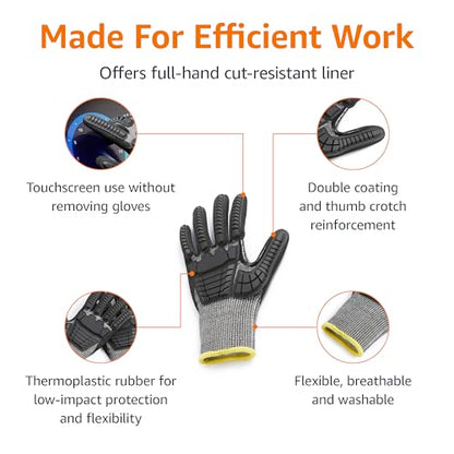 Amazon Basics Impact Protection Work Gloves, Cut Level A2, ANSI Level 4 Abrasion, Touchscreen Compatible, Sandy Nitrile Palm, Small, Black with Yellow Edge - size: Small