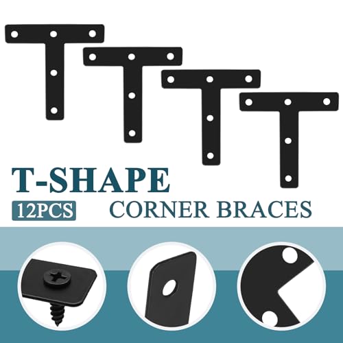 12 Pcs 3.15" x 3.15" T-Shape Flat Corner Brace Brackets, Mending Repair Plates Corner Brackets with Screws, Black - size: 3.15", style: T-Shape