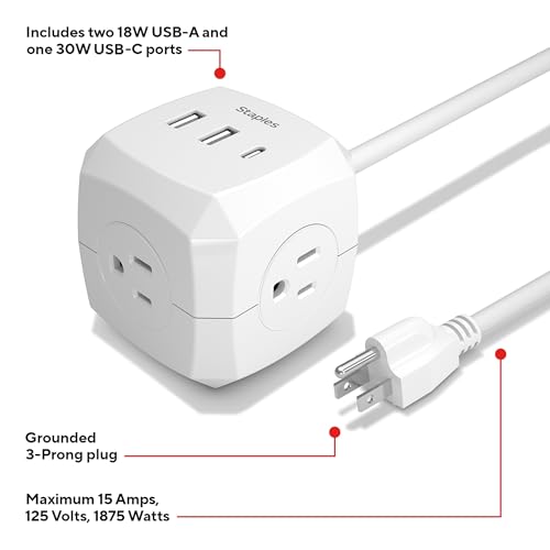 Staples TECH 3‑Outlet Extension Cord – 5 ft. 14‑AWG Indoor Power Cable for Home, Office & Workspace, White