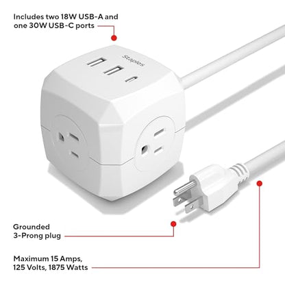 Staples TECH 3‑Outlet Extension Cord – 5 ft. 14‑AWG Indoor Power Cable for Home, Office & Workspace, White