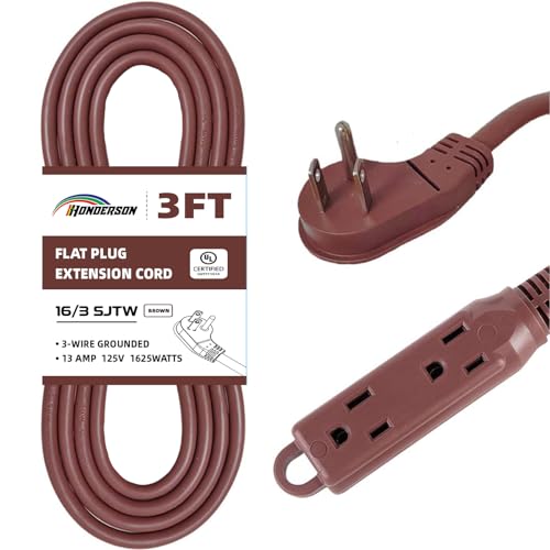 3-Outlets Flat Plug Indoor Extension Cord Outlet Extender, UL Certified, 16 Gauge 3FT Brown 3 Prong Heavy Duty, 16/3 SJTW 13A Power Strip - color: Brown, size: 3FT, style: 16/3