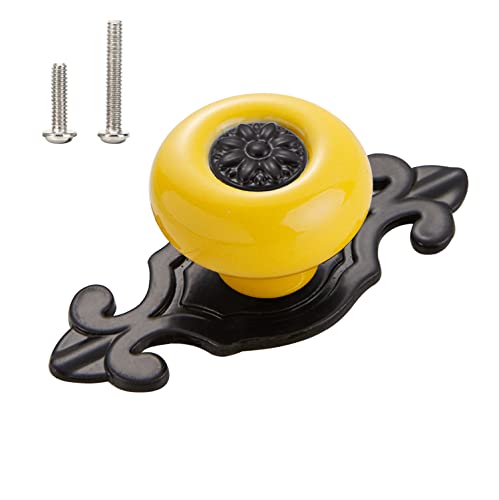 HUAMULAN 10 Pack Retro Ceramic Knobs,Vintage Dresser Kitchen Petal Cabinet Pulls Zinc Alloy Base Back Plate Cupboard Wardrobe Drawer Door Handles,Yellow + Black Base - color: HRJ1901-HeiHuang-10PACK