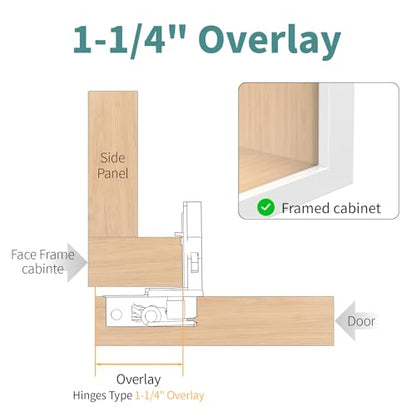 20 Pack 1 1/4" Overlay 3D Soft Close Hinges for Face Frame Kitchen Cabinet, 3 Way Adjust, Self Closing Concealed Cabinet Hinges-105 Degree - size: 1-1/4 inch Overlay