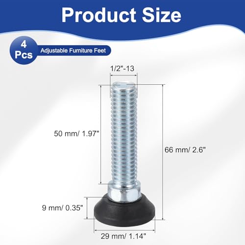uxcell 1/2"-13 Thread Furniture Feet Levelers, 4Pcs 50mm l Adjustable Furniture Feet Screw in Threaded Leveling Leg Screw on Chair Foot Glides Leveling for Table Chair Cabinet Black - size: 1/2"-13 50mm