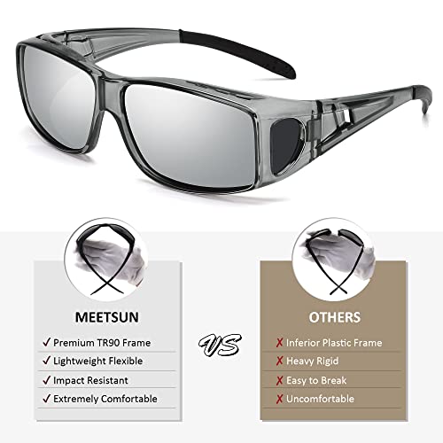 MEETSUN Fit Over Glasses Sunglasses for Men Women,Wrap Around Sunglasses Polarized UV400 Protection - color: (Z1)clear Gray Frame-silver Mirror Lens