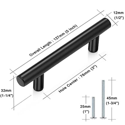 Probrico 5 Pack| Flat Black 3 Inch Center-to-Center Bar Cabinet Pull Modern Cabinet Hardware Kitchen Cabinet T Bar Handles Dresser Pulls, 5 Inch Total Length - color: Black, size: hole center 3"