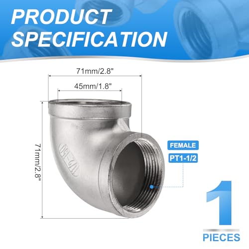 uxcell 304 Stainless Steel 90 Degree Elbow Threaded Pipe Fitting G1-1/2" Female to G1-1/2" Female Cast Pipe Fitting with Seal Tape for Plumbing Drainage Pipes Heating Systems - size: G1-1/2"