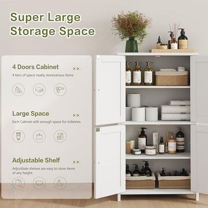 Nuturelly Bathroom Floor Storage Cabinet, Freestanding Pantry Cabinets with 4 Doors & 3 Adjustable Heights, Bathroom Organizers and Storage Waterproof Board & Metal Handles for Kitchen, Creamy White
