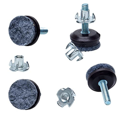 Medium Duty Felt Furniture Levelers - 1/4" Threaded Shank w/T-Nuts - Brown Plastic w/Grey High Density Felt - 400 Lb. Total Capacity - Adjusts from 0" to 3/4" - Set of 4