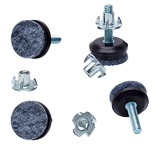 Medium Duty Felt Furniture Levelers - 1/4" Threaded Shank w/T-Nuts - Brown Plastic w/Grey High Density Felt - 400 Lb. Total Capacity - Adjusts from 0" to 3/4" - Set of 4