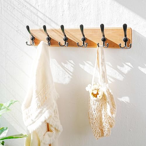 Dseap Coat Rack Wall Mounted - 24" Long 6 Tri Hooks, Heavy Duty Wooden Wall Coat Hanger Coat Hook for Clothes Hat Jacket Clothing, Weathered Brown and Black, Pack of 2 - color: Weathered Brown & Black, size: L=24"