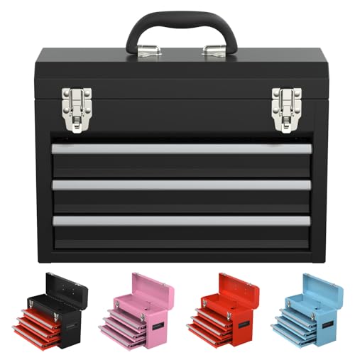 3 Drawers small Tool Box, Portable 3 Drawer Steel Tool Box with Locking System toolbox organization with Liner for Tools Storage (Black) - color: Black