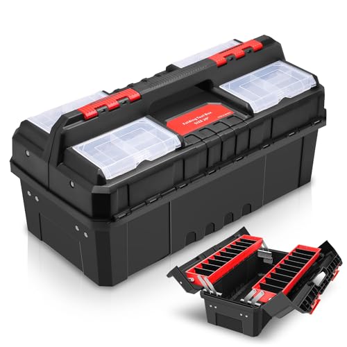 Auto Dynasty Tool Box Set Portable 2-layer Folding Toolbox with Non-slip Handle Tray for Garage, Workshop and On-the-Go Repairs, Red/Black - color: Red, size: 2-Layer