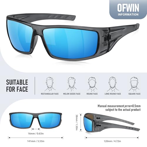Polarized Sports Sunglasses for Men Women Unbreakable Frame Cycling Fishing Wrap Around Sunglasses UV400 Protection - color: 1-clear Gray Frame/Blue Mirror Lens