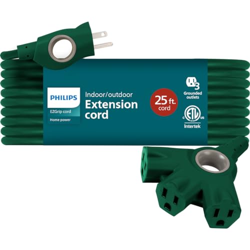 Philips EZGrip Outdoor Extension Cord with Multiple Outlets, Grounded 3 Prong Cord, Long Extension Cord Indoor with Multiple Outlets, Heavy Duty Extension Cord, 25 Ft, 16 AWG, Green, SPC6253ZG/37-T1 - color: Green, size: 25 Ft, style: 3-Outlet