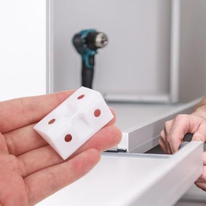 50 Pack Plastic Corner Brackets with Cover Caps, 90 Degree Right Angle Brace, Thickened Furniture Joint Fastener for Cabinets, Shelves & Wardrobes, White Corner Support Repair Kit