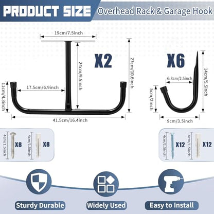 2 Pack Overhead Garage Storage Rack with 6 J Hooks, 66Lbs/Ceiling Rack & 45Lbs/Hook, Heavy Duty Garage Ceiling Storage for Lumber, Ladder, Bike