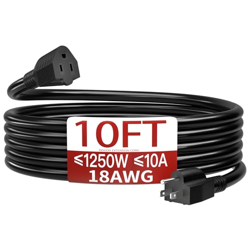 18/3 Indoor Extension Cord 10 FT, Black Extension Cord Flexible & Durable, 3 Prong Power Cable, Suitable for Home and Office, 10 Amp 1250 Watt 125VAC 18AWG, ETL Listed - color: Black, size: 10FT, style: 18AWG