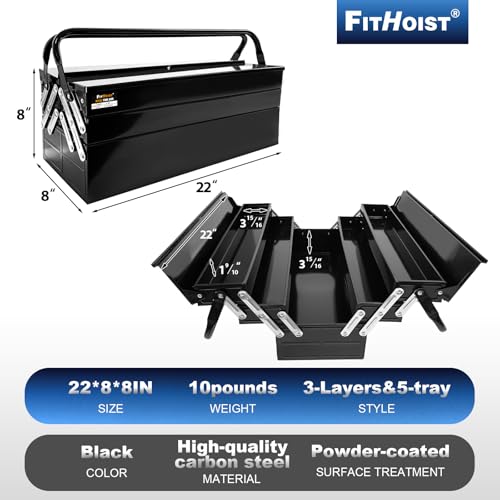 Metal Cantilever Tool Box, 3-Tier 5 Tray Fold Out Steel Tool Box with Handle, 22 inch Stack-able Portable Tool Storage Box Organizers Tool Chest for Household Factory Warehouse Repair Shop