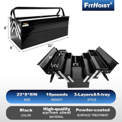 Metal Cantilever Tool Box, 3-Tier 5 Tray Fold Out Steel Tool Box with Handle, 22 inch Stack-able Portable Tool Storage Box Organizers Tool Chest for Household Factory Warehouse Repair Shop