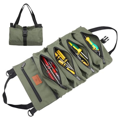 Tool Roll Up Pouch - 16oz Canvas Multi-Purpose Wrench Roll Up Bag, Organizer with 5 Zipper Tool Pockets, Hanging Carrier (Green) - color: Green, size: 5 Zipper Pockets