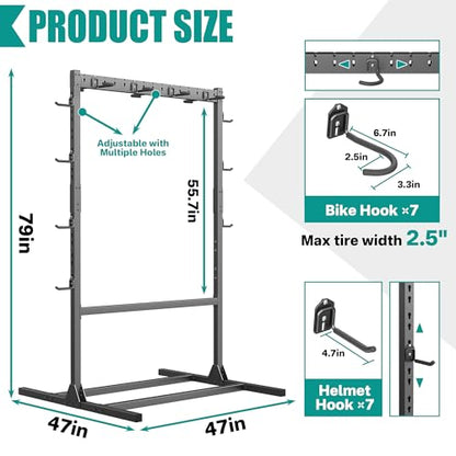 EVERHANGER Freestanding Bike Stand Rack with Adjustable Hooks, Vertical Bike Stand for Garage, Bicycle Storage Organizer, Holds Up to 7 Bikes & 7 Helmets - style: 7 Bike & 7 Helmet Hooks