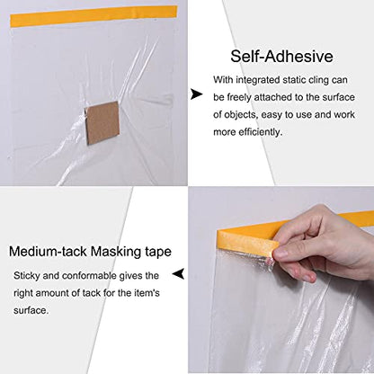 uxcell Pre-Taped Masking Film, 118.1 in x 65 Ft, Plastic Drop Cloth with Medium-Tack Painters Tape for Painting Protection - size: 118.1 in x 65 Ft