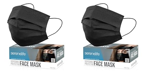 SereneLife 50 Count Disposable Face Masks | Breathable 3-Ply Layers | Made from Non-Woven Fabric | Comfortable Earloops | Daily Use & Personal Care | Easy to Use & Disposable | For Adults (Black) - size: 50 Count (Pack of 2)