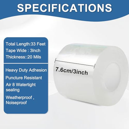 Transparent Window Weather Sealing Tape 3IN x 33 FT Draft Isolation No Residue Removable Adhesive Waterproof Windows Doors Shower Glass AC Units Ideal for Winter Seal & Summer Cold Air Loss Prevention - size: 3 In x 33 FT