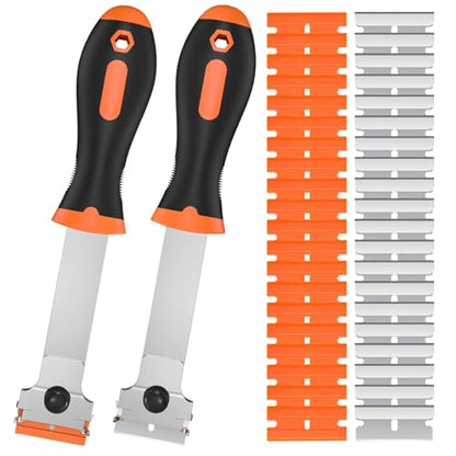 2 Pack Razor Blade Scraper Tool with 20 Metal & 20 Plastic Razor Blades, Multi-Purpose Long Handle Heavy Duty Scraper Tool for Cleaning Cooktop, Oven, Floor, Paint, Tile, and Window Glass