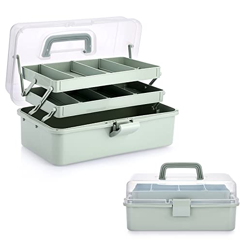 BTSKY 3-Layer Plastic Dividing Storage Box Craft Organizer and Storage with Adjustable Spacers Portable Handled Art Supply Organizer Multipurpose Home Utility Box for Medicine Sewing(Haze Green) - color: Haze Green