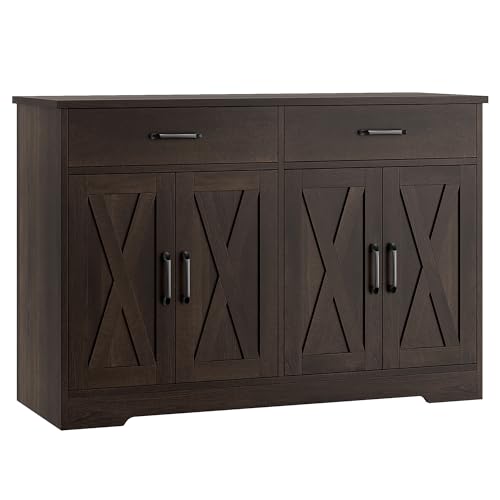 HOSTACK Buffet Cabinet with Storage, 47.2" Kitchen Sideboard Buffet with Drawers, Modern Farmhouse Coffee Bar Station with Shelves, Barn Doors Storage Cabinet for Living Room, Dark Brown - color: Dark Brown