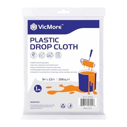 VICMORE Clear Plastic Drop Cloth 9 x 12 Ft, 1 Mil Plastic Sheeting for Painting, Floor & Furniture Cover, Waterproof Dust Barrier, Light-Duty Disposable Cover for DIY & Renovation - size: 9FT x 12FT, 1 PACK, MEDIUM-DUTY