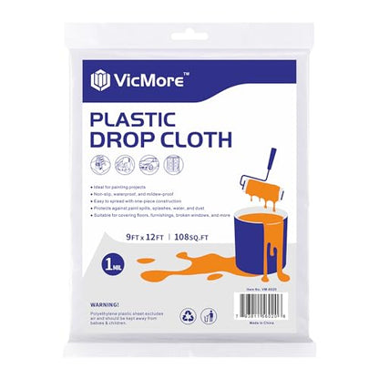 VICMORE Clear Plastic Drop Cloth 9 x 12 Ft, 1 Mil Plastic Sheeting for Painting, Floor & Furniture Cover, Waterproof Dust Barrier, Light-Duty Disposable Cover for DIY & Renovation - size: 9FT x 12FT, 1 PACK, MEDIUM-DUTY