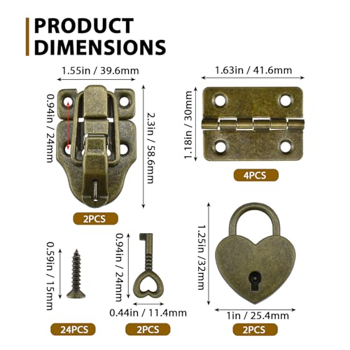 Aifeier ET 2 Sets Retro Style Duckbilled Toggle Hasp Latch Heart-Shaped Padlock and Antique Folding Flush Hinge Kit with Mounting Screws for Jewelry Box Crate Furniture Decoration-Bronze