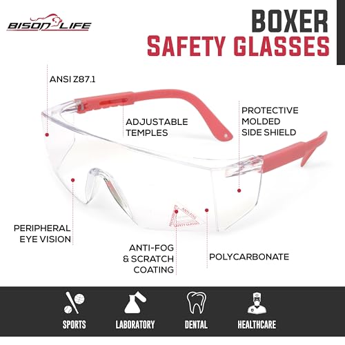 BISON LIFE Anti Fog Clear Safety Glasses with Adjustable Temple & Side Protection, Wraparound Anti-Scratch Lens, Clear Lens & Pink Temple, Lab Goggles, Mowing, Gardening & More (Pack of 3) - color: Clear/Pink