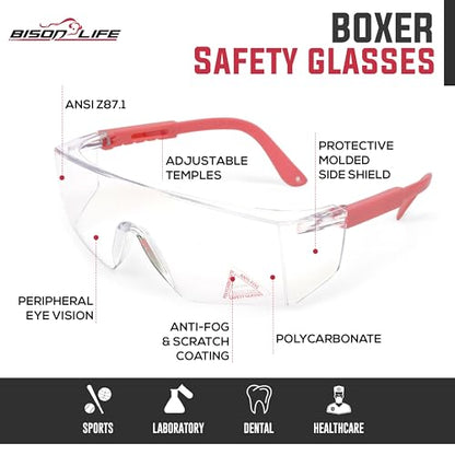 BISON LIFE Anti Fog Clear Safety Glasses with Adjustable Temple & Side Protection, Wraparound Anti-Scratch Lens, Clear Lens & Pink Temple, Lab Goggles, Mowing, Gardening & More (Pack of 3) - color: Clear/Pink