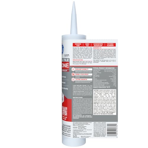 GE Silicone Caulk for Tub & Tile Kitchen & Bath, Clear, 10 fl oz Cartridge, 1 Pack - 100% Waterproof Silicone Sealant, Excellent Flexibility, Shrink & Crack Proof - size: 10.1oz