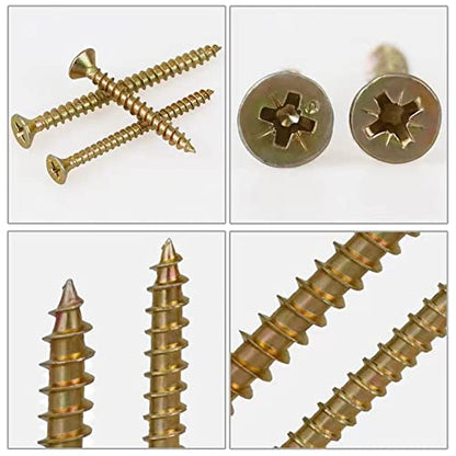 M4 Flat Head Wood Screws Assortment Kit 340 Pcs,Phillips Drive Countersunk Flat Head Self-Tapping Wood Screws,Yellow Zinc Plated Finish Screw Kit,Self Tapping Screws for Metal,Full Thread - style: M4 340PCS