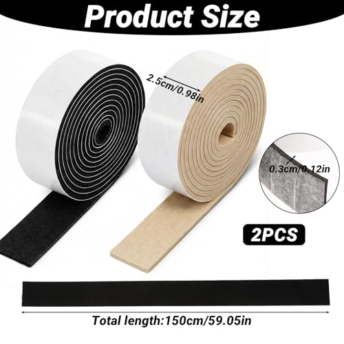 120 X 1 Inch Felt Strips with Adhesive Backing, 2 Rolls Non Slip Felt Tapes Felts Strip for Furniture Pads Furniture Self-Stick Heavy Duty Polyester for Protecting Hardwood Surfaces Floor, Black Beige