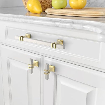 Amerdeco 10 Pack Brushed Satin Nickel and Gold Cabinet Pulls 5 Inch(128mm) Hole Center Drawer Pulls Cabinet Hardware Kitchen Cabinet Handles for Bathroom Dresser Pulls ZH0067 - color: Brushed Satin Nickel+Gold, size: 5"/128mm Hole Center